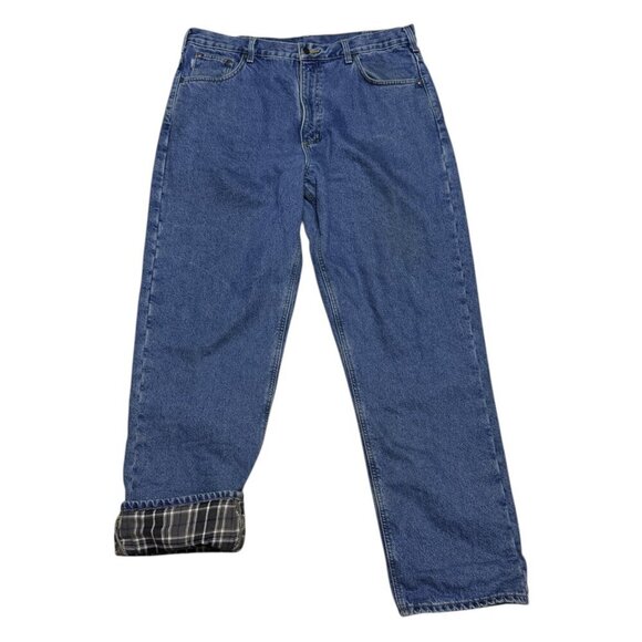 CARHARTT Plaid Flannel Lined Winter Work Denim Pants Jeans Mens 37x34 - Picture 2 of 8